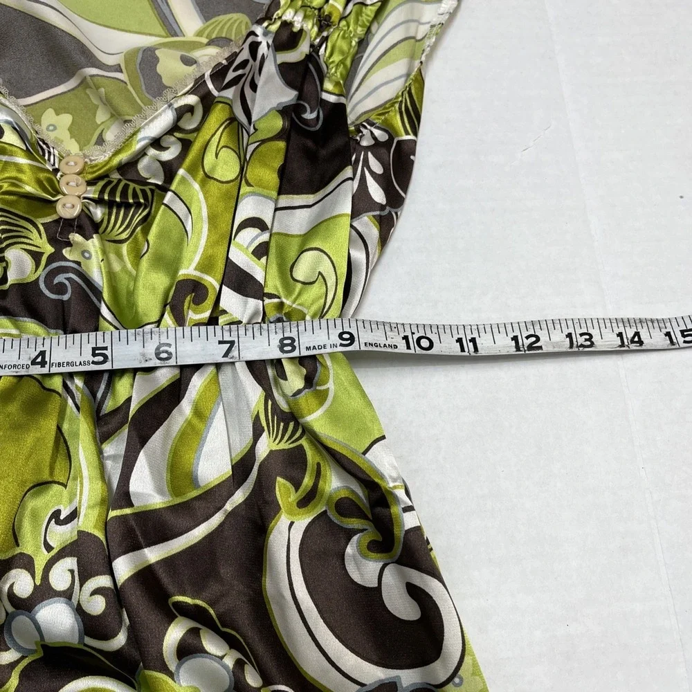 Vintage Y2K Johann Dress Green Brown Satin Babydoll Deep‎ V Size S/M Retro 70s